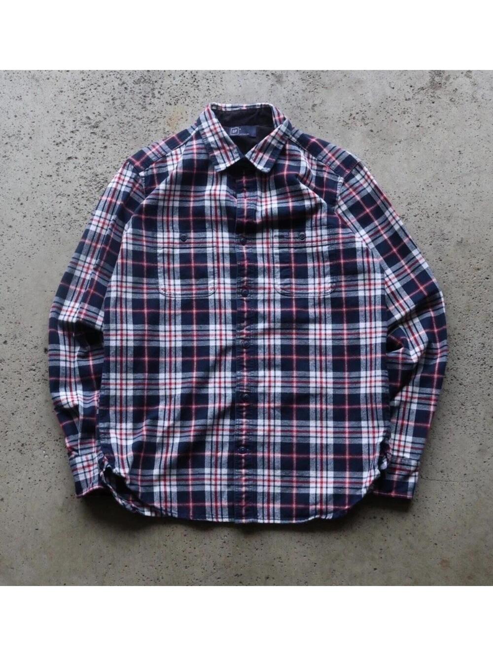 Gap Flannel Shirt Mens Medium Plaid Button Up Cotton Red Blue White Workwear
